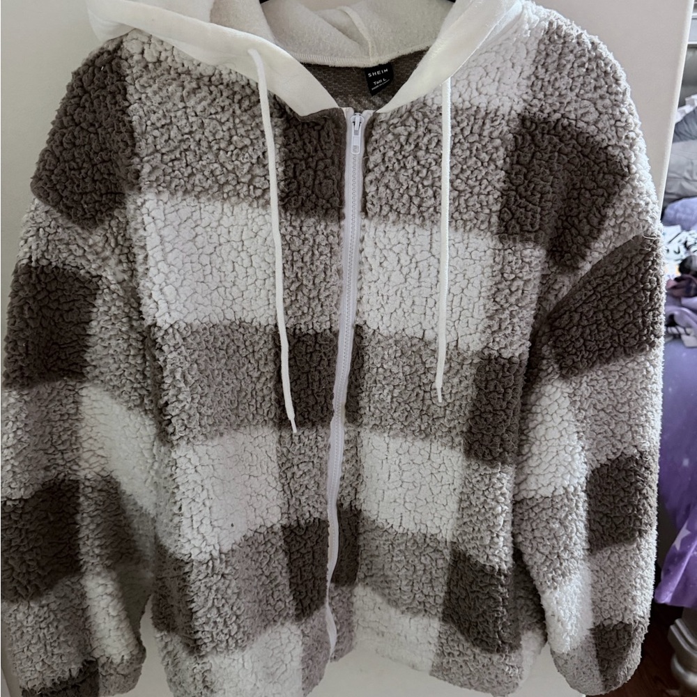 SHEIN Plaid Sherpa Hoodie - White and Brown